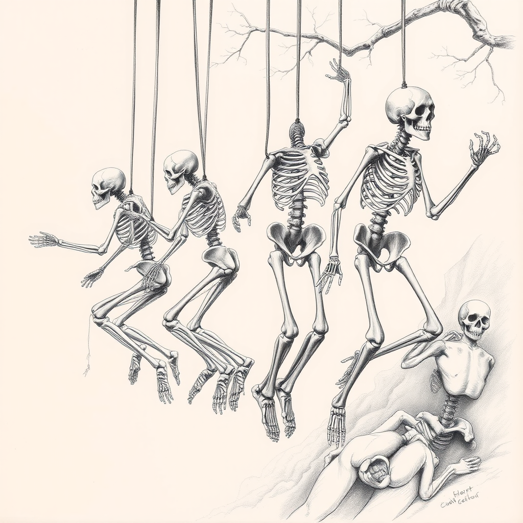 Evolutionary Journey: Falling human skeletons from early hominids.