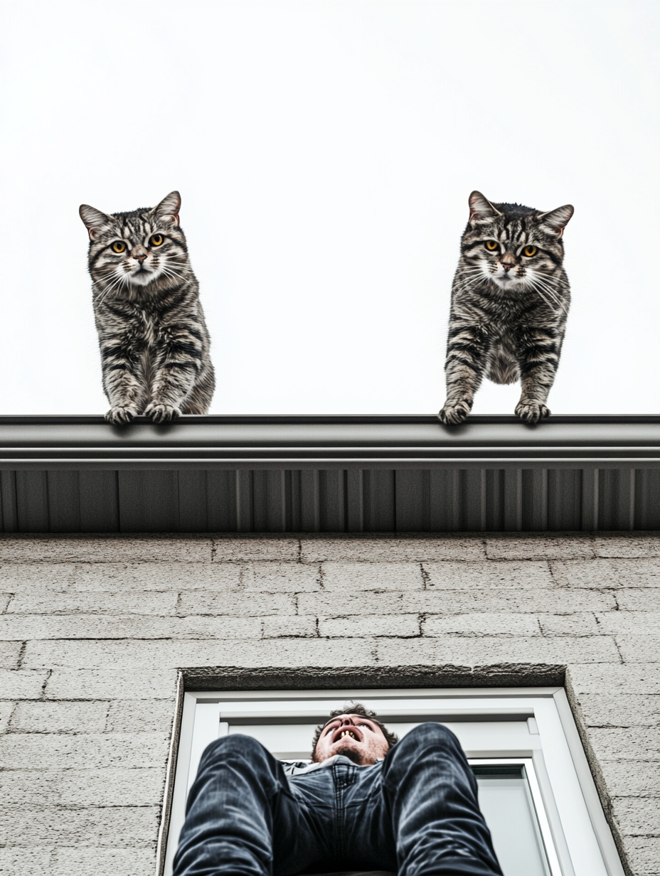 Exaggerated Cats Watch Human Fall from Roof 