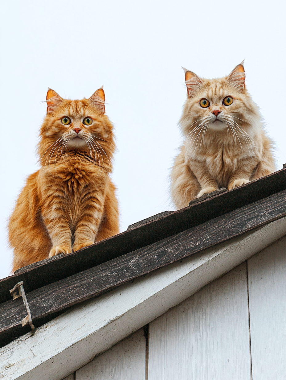 Exaggerated Comic Cats on House Roof - AR 3:4