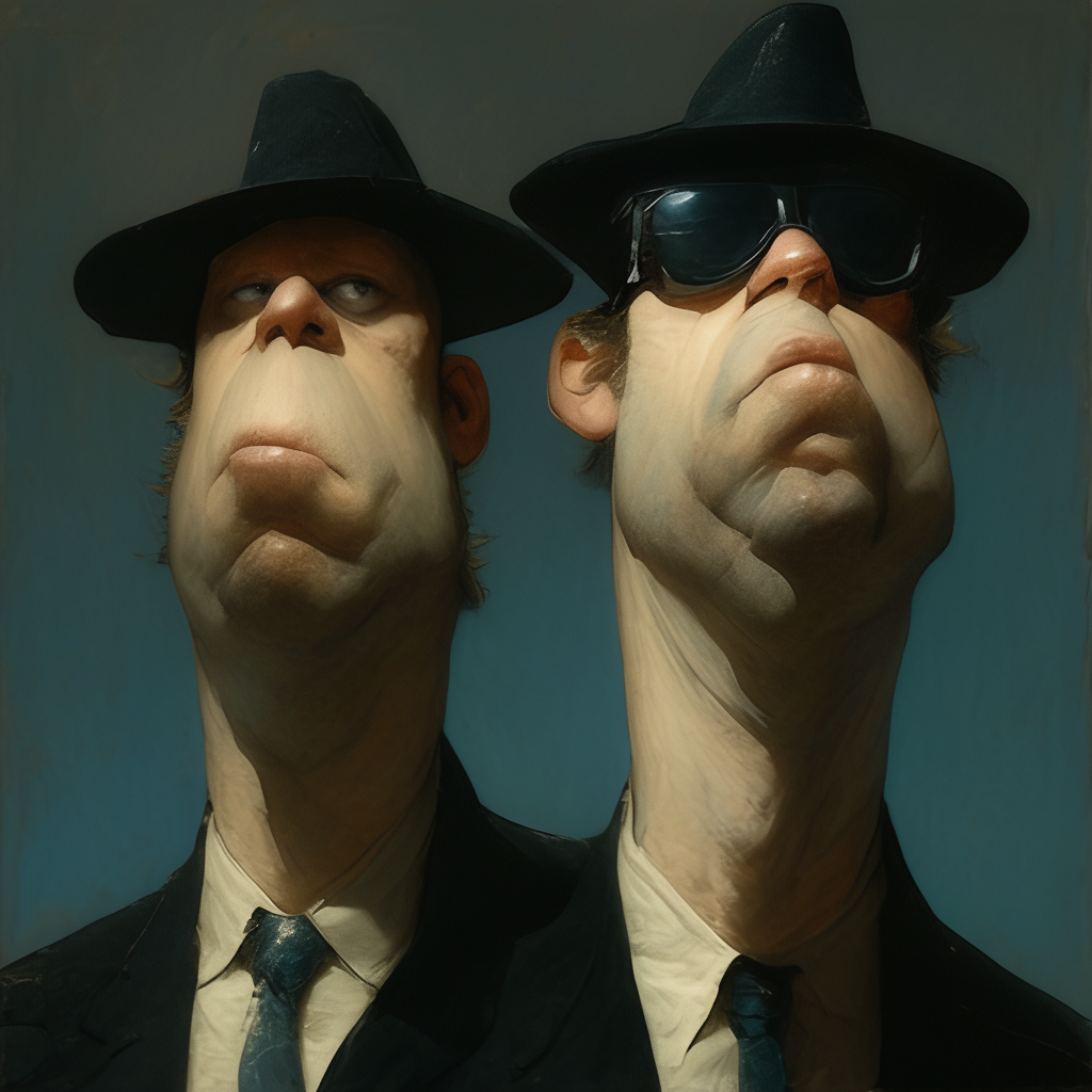 Exaggerated emotional caricature of the Blues Brothers in photo.