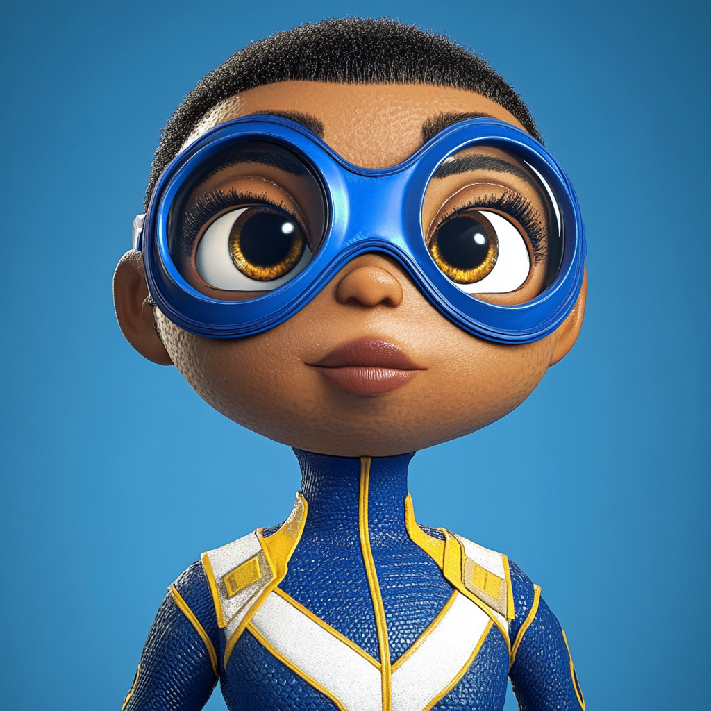 Exaggerated facial features on blue superhero puppet with big eyes.