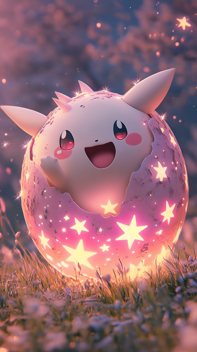 Excited Chibi Togepi from glowing star-patterned egg. Dreamy meadow.