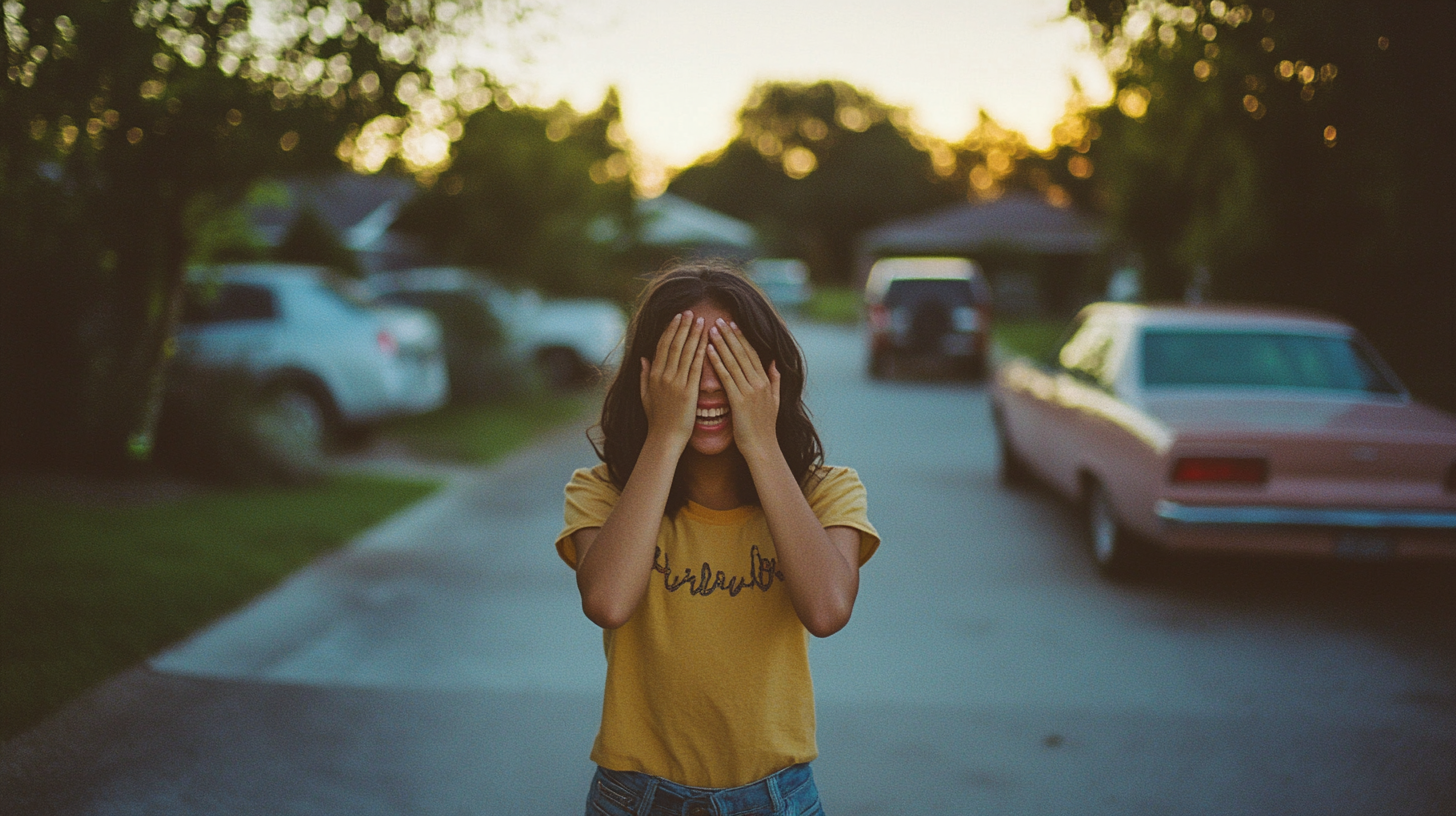 Excited Girl Awaiting Surprise Gift at Dusk