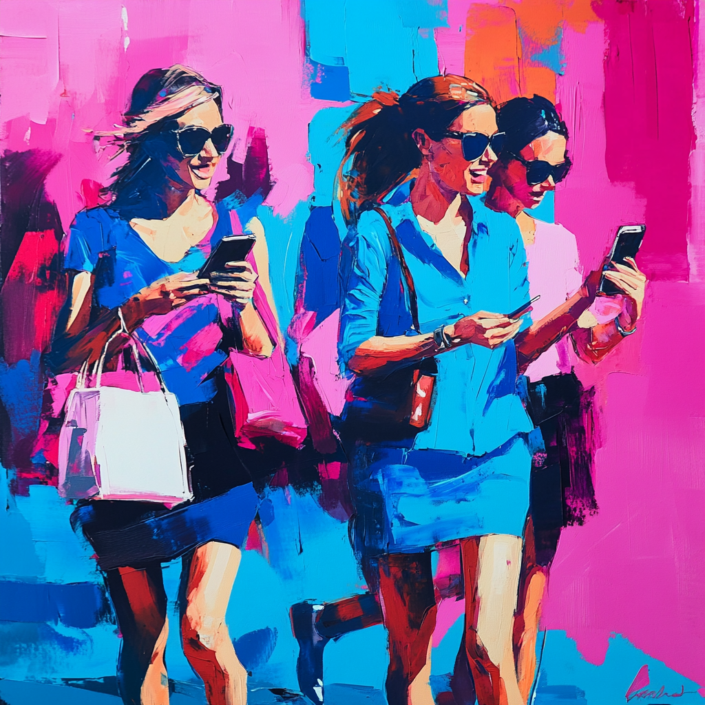 Excited Group Leaving Work, Ordering Food, Smartphone Users, Stylish, Blue, Pink