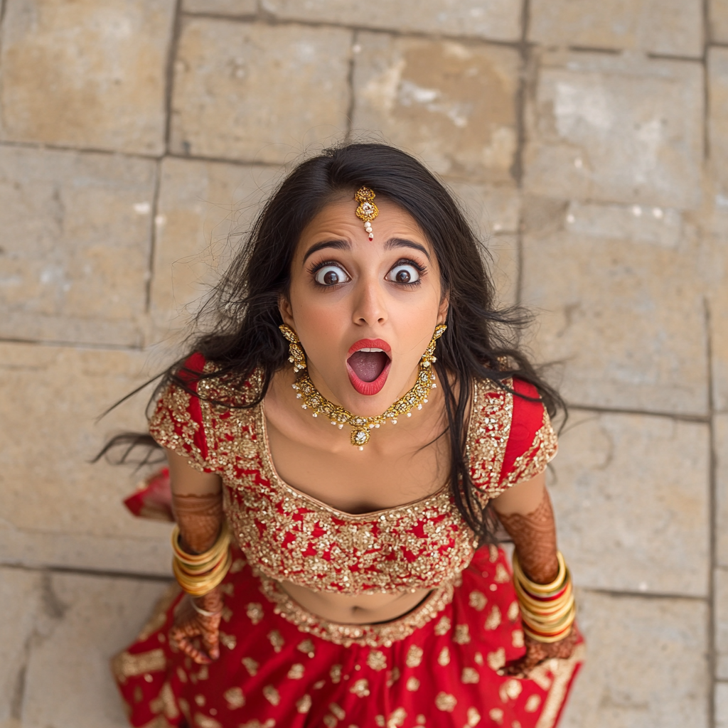 Excited Indian Model in Traditional Diwali Outfit - Top Side View Photoshoot 