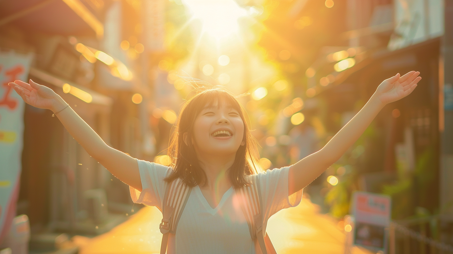 Excited Japanese student in Nagasaki city, smiling in sunlight.