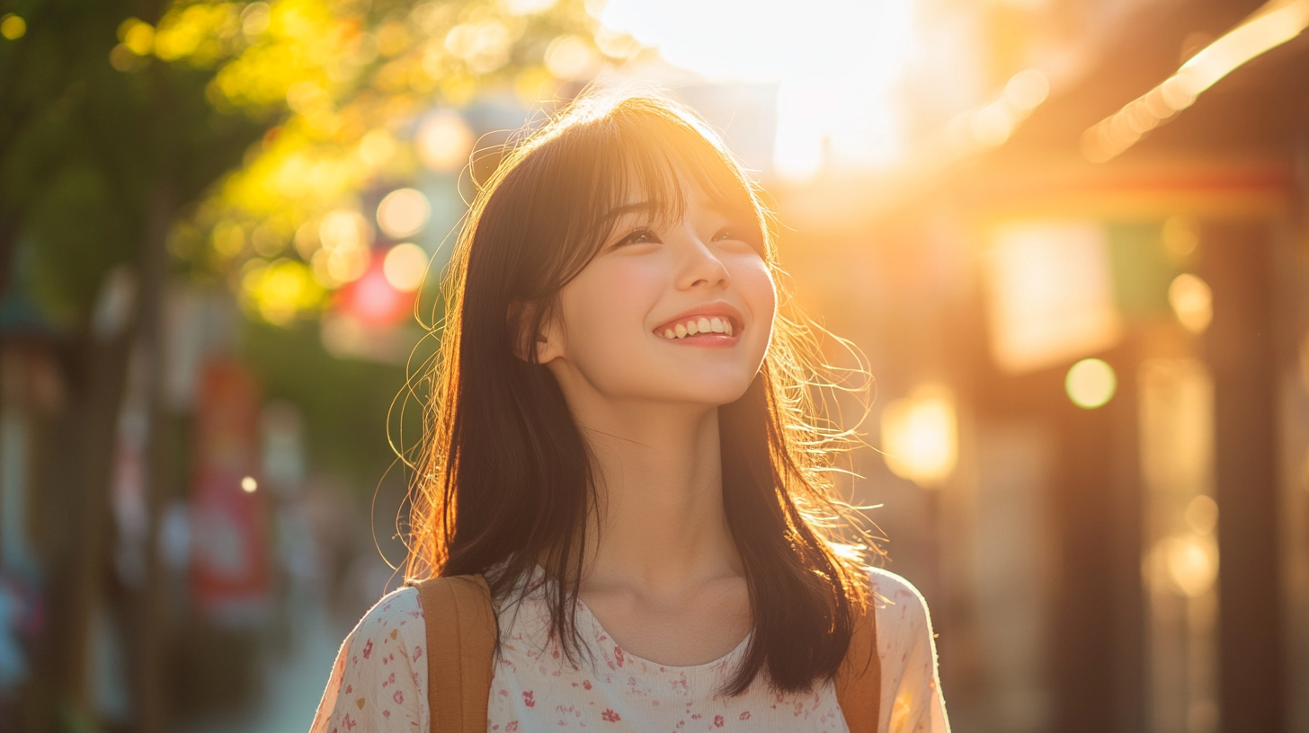 Excited Japanese student in Nagasaki street, smiling happily.