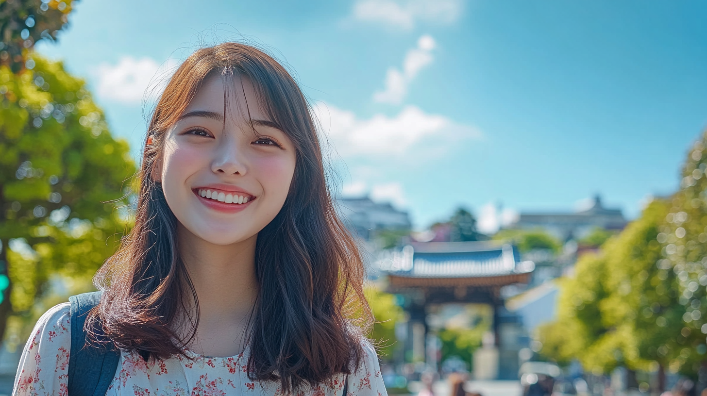 Excited Japanese student near Nagasaki landmark, smiling beautifully.