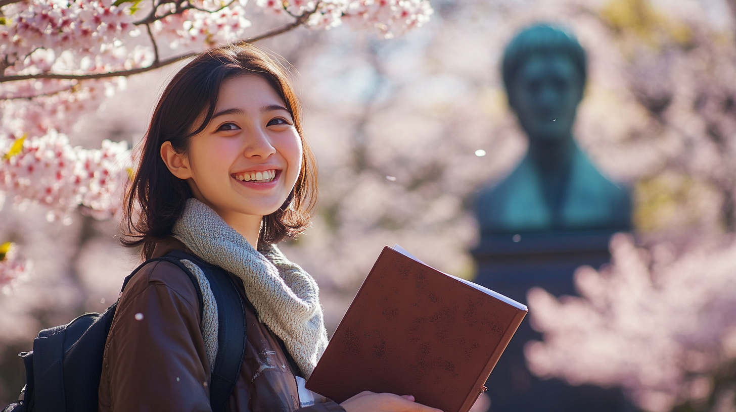 Excited Japanese student smiling near Nagasaki Peace Park.