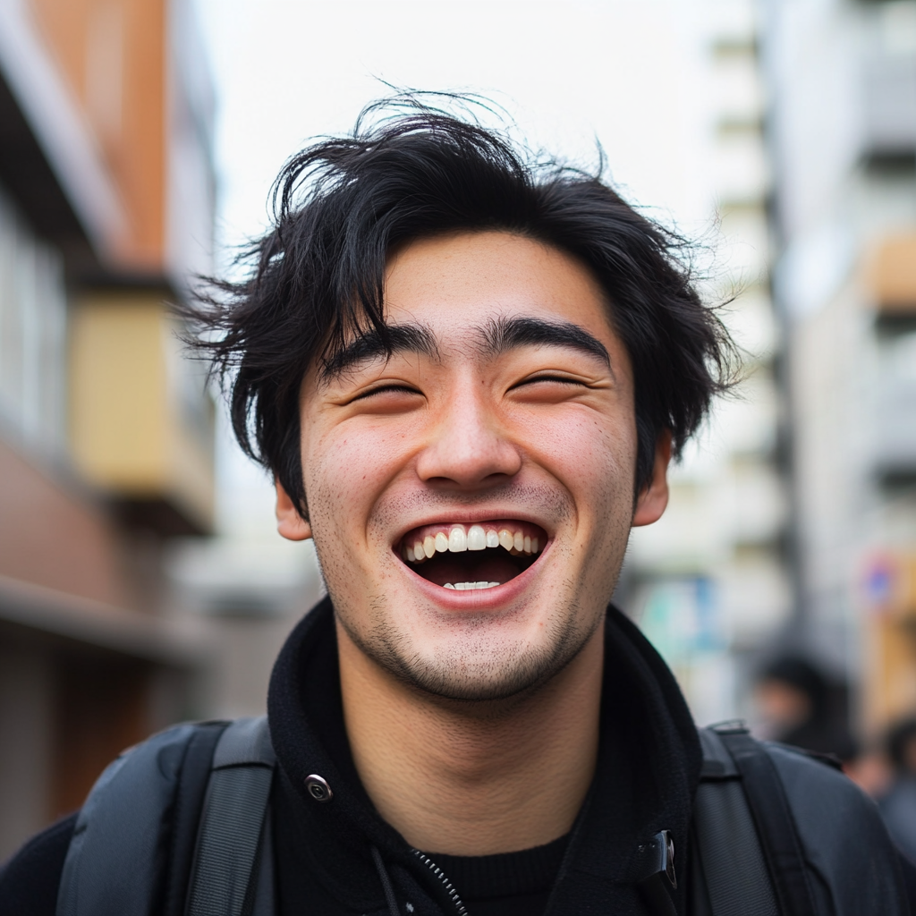 Excited Japanese university student in Nagasaki urban setting.