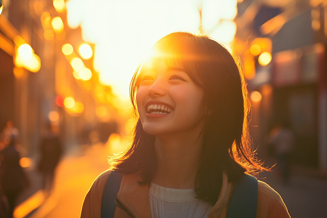 Excited Japanese university student in vintage street setting.