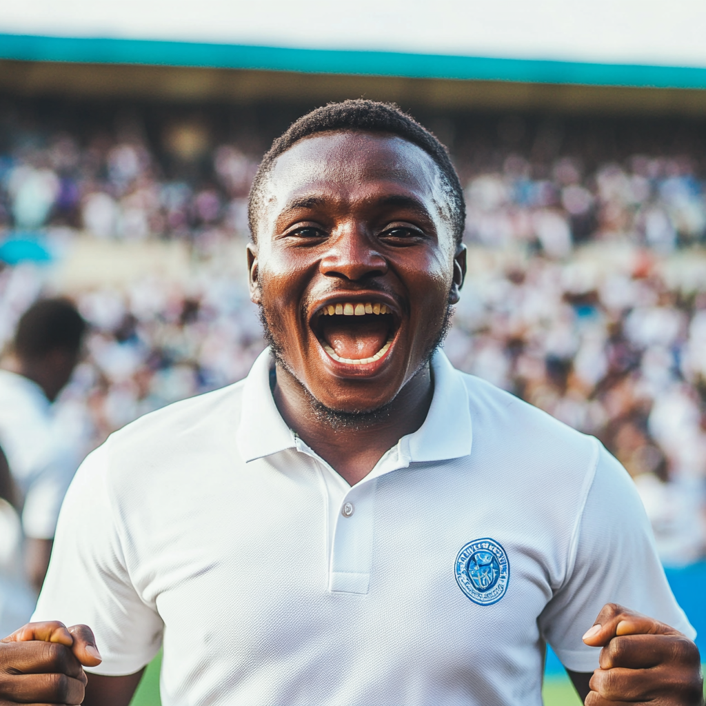 Excited Tanzanian Man celebrates victory in a stadium