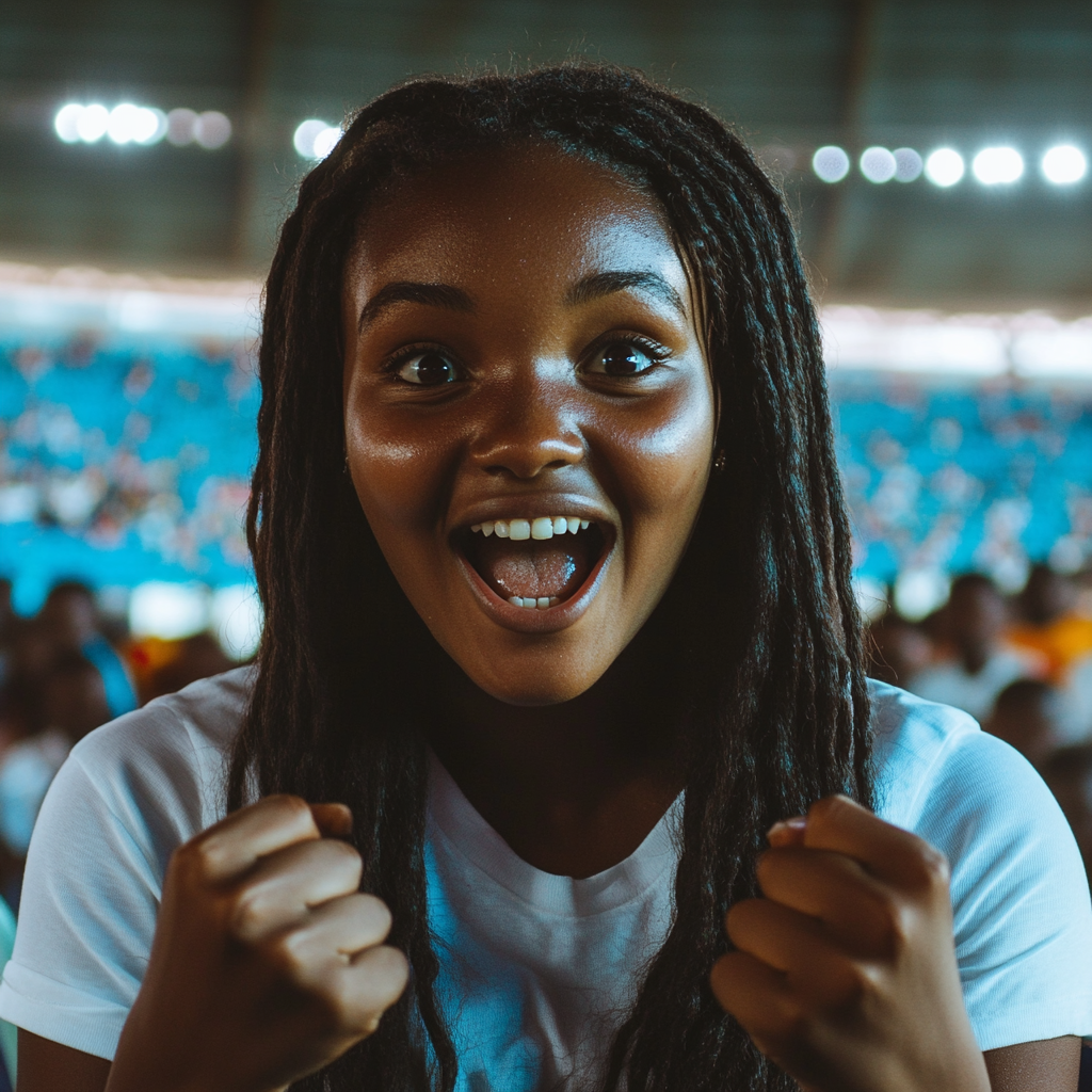 Excited Tanzanian girl celebrates in football stadium