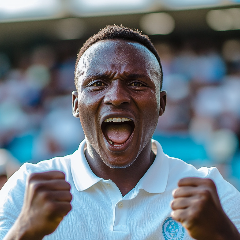 Excited Tanzanian man celebrates victory in packed stadium