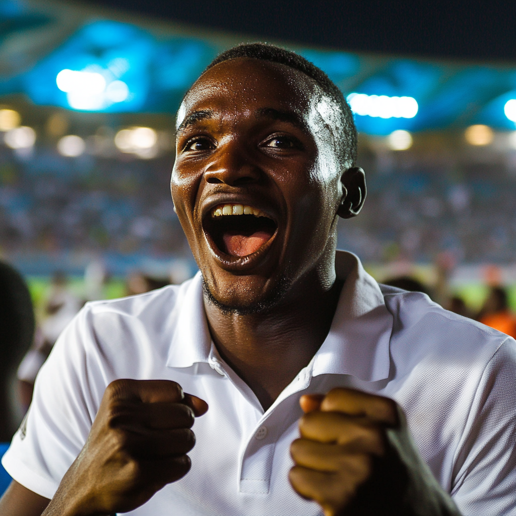 Excited Tanzanian man celebrates victory in stadium