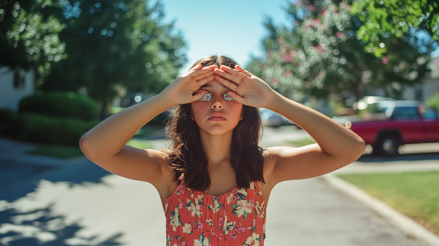 Excited Teenager awaiting Surprise in Suburban Driveway