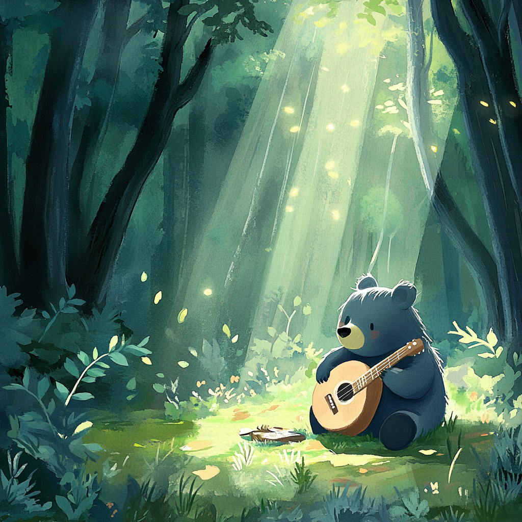 Excited bear finds a broken guitar in forest.