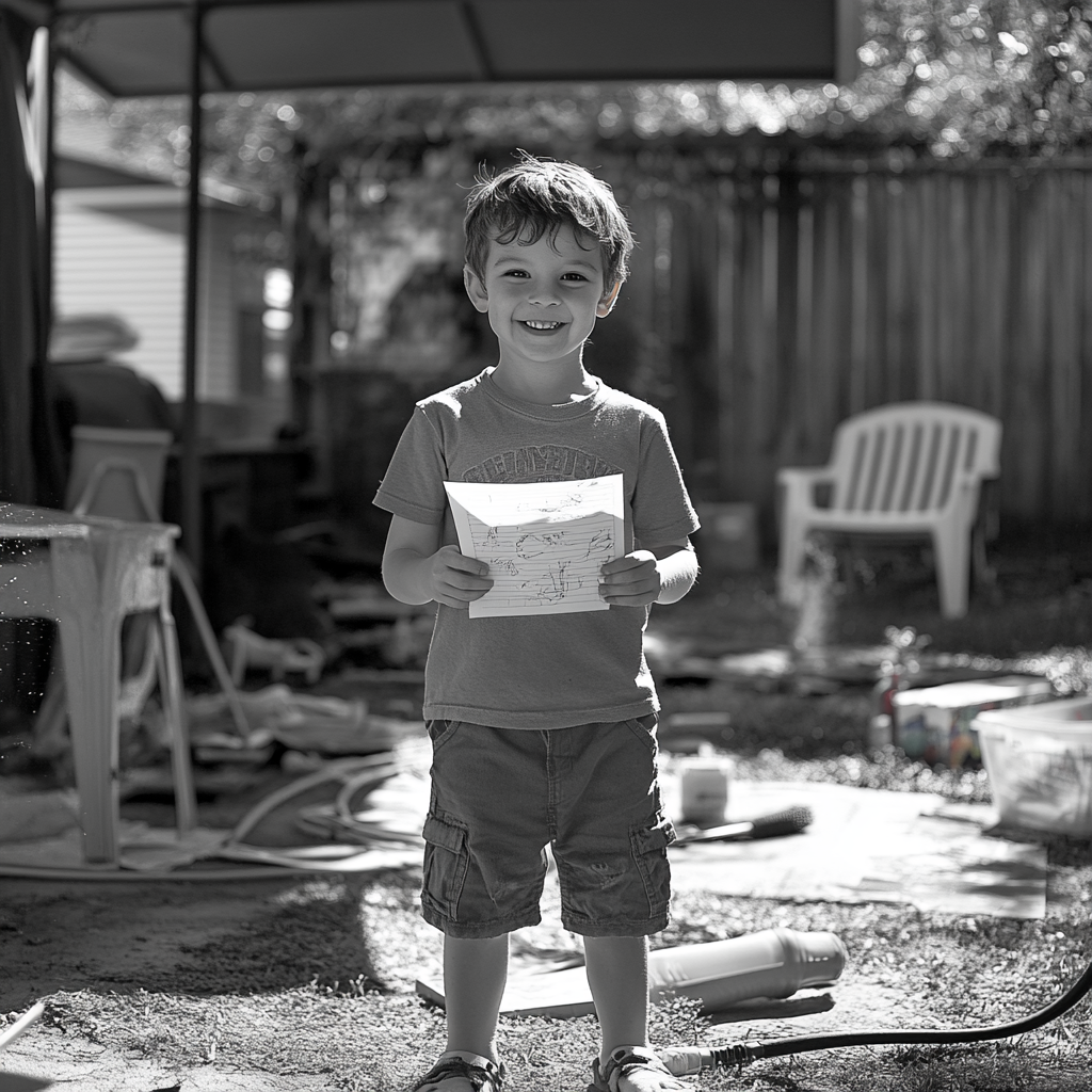 Excited boy seeking approval, clutching paper and pen.