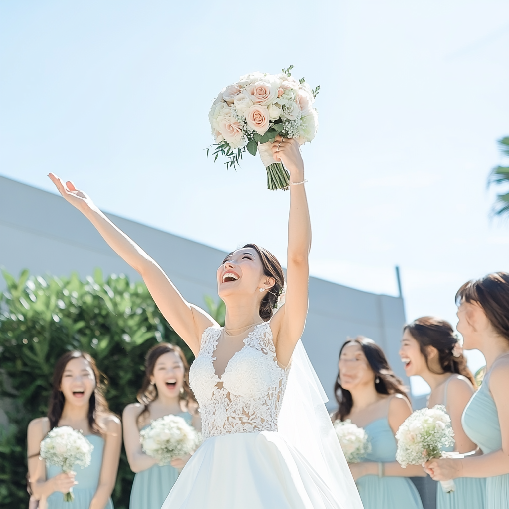 Excited bridesmaids catch bridal bouquet outdoors.