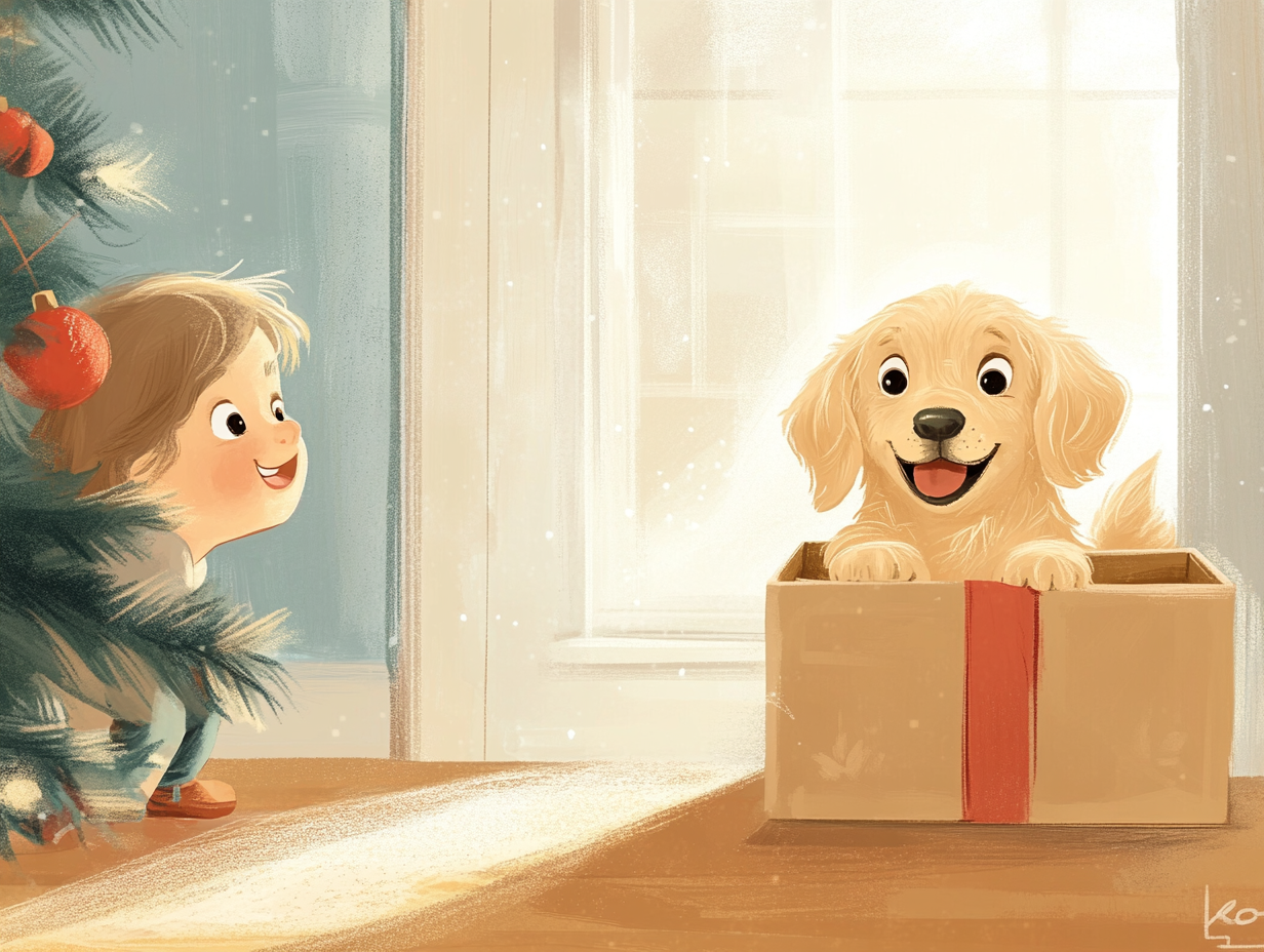 Excited child with Golden Retriever puppy in Christmas box.