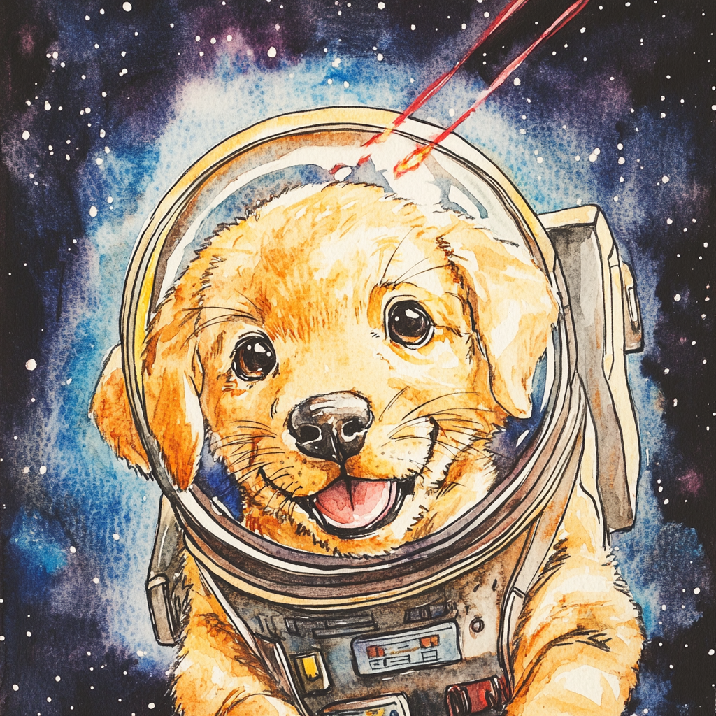 Excited dog astronaut with funny face, lasers, Earth view.