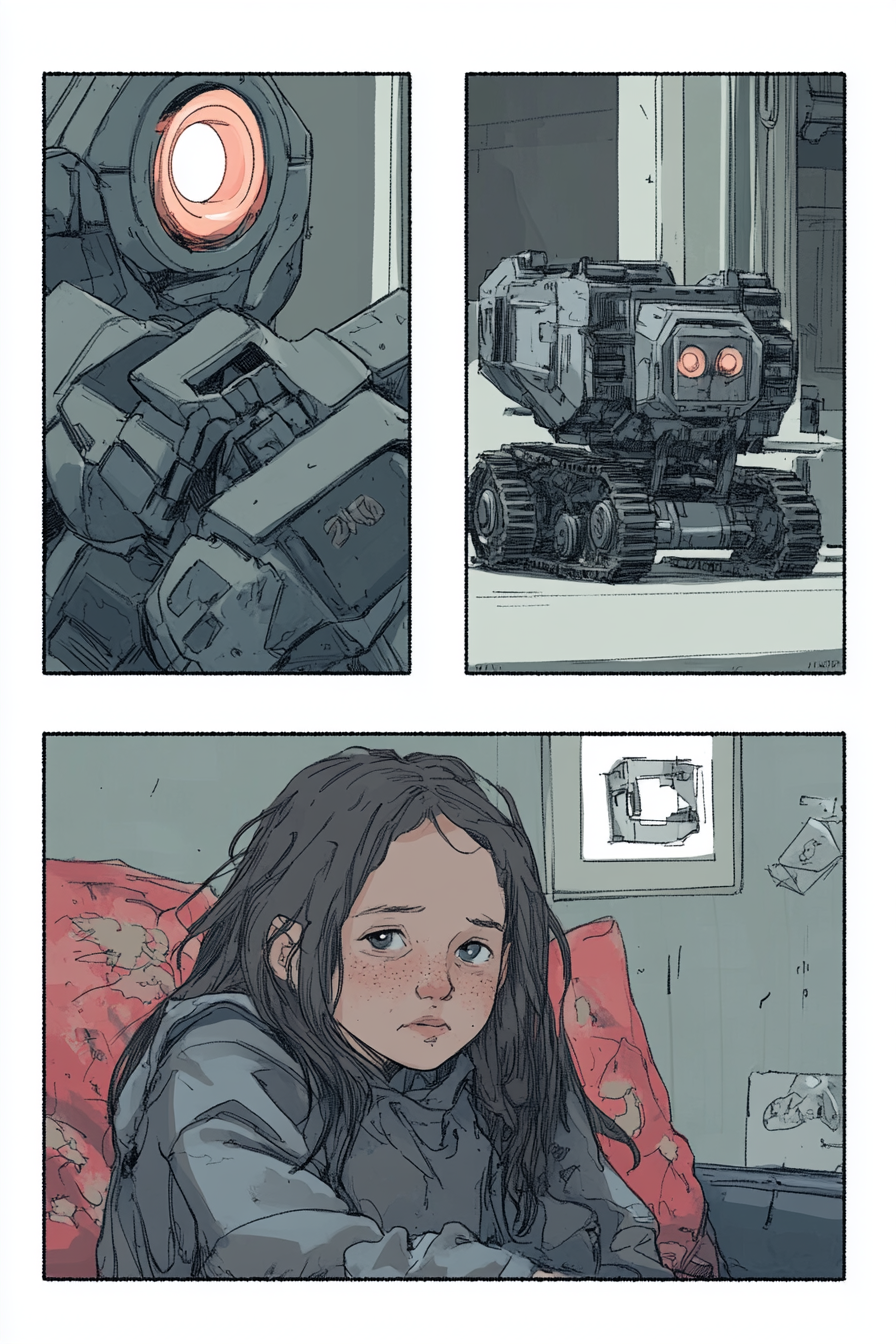 Excited girl watches robot clean, adults smile, connected scenes.