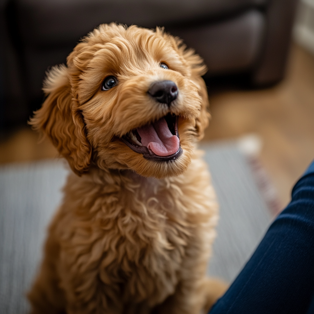 Excited golden doodle puppy about to bark indoors.