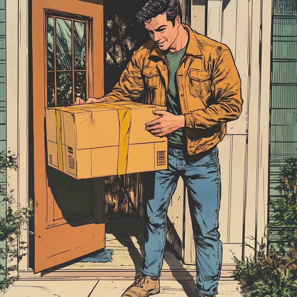 Excited man at front door with giant package