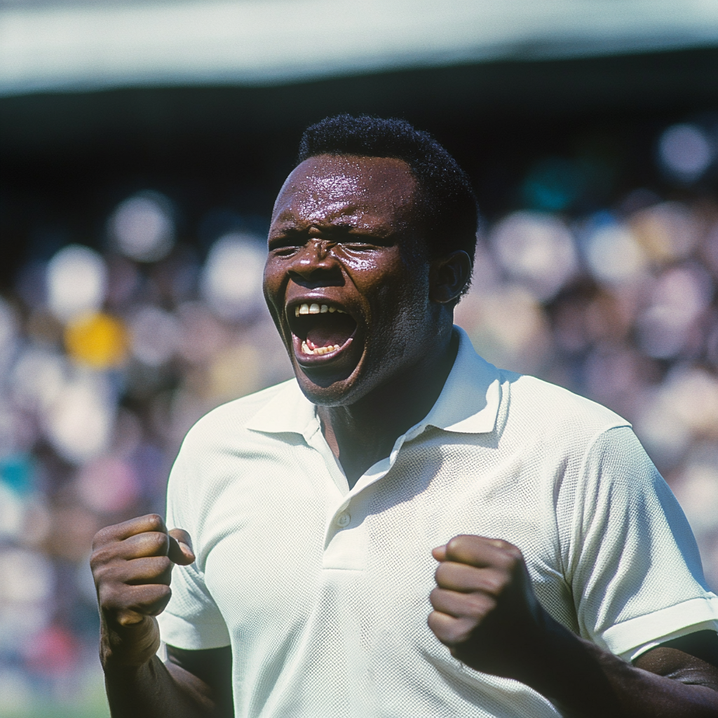 Excited man celebrates victory in glittering stadium