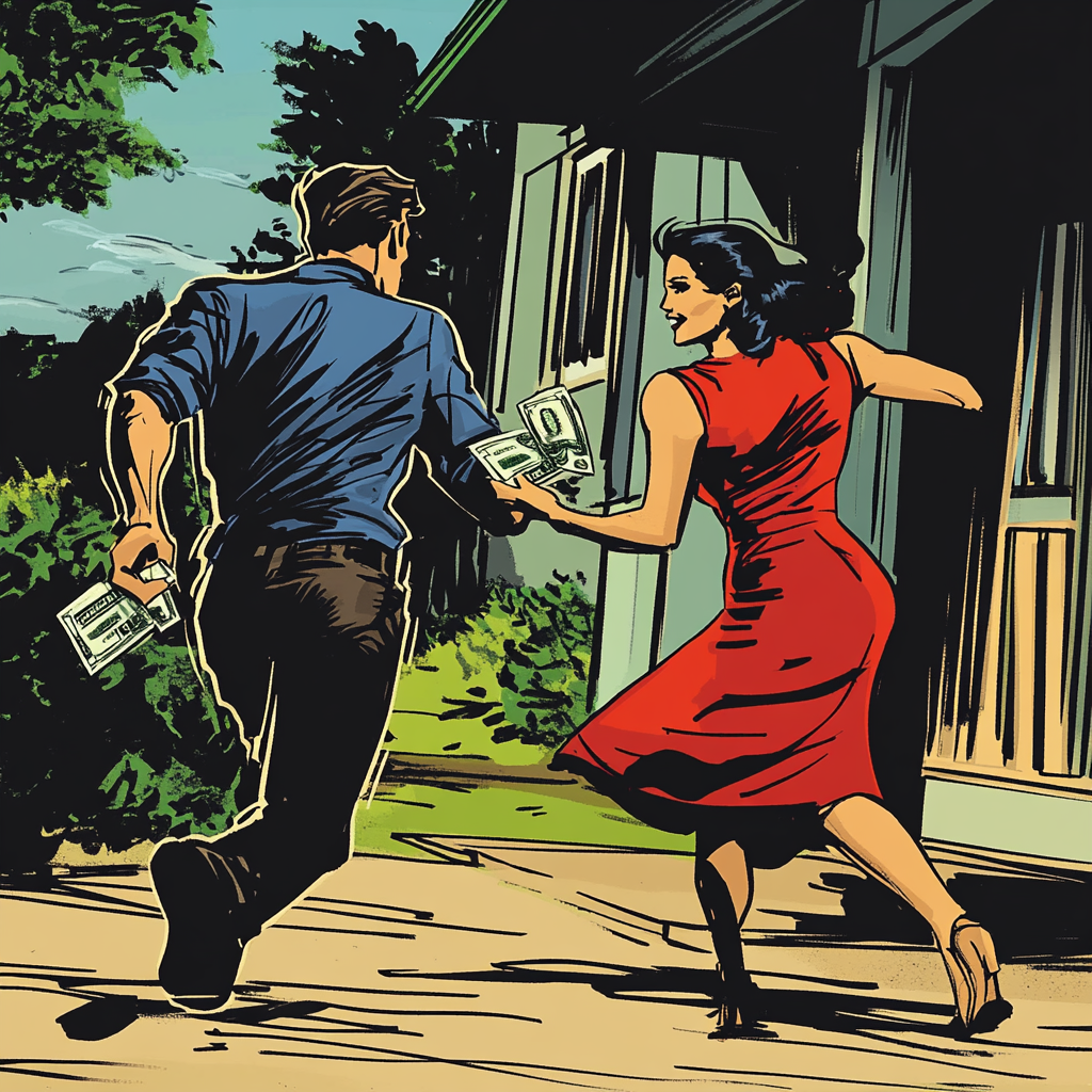 Excited man chases woman with money, dramatic comic