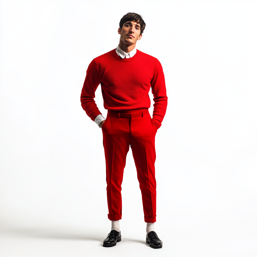 Excited man in red sweater and slacks, professional pose.