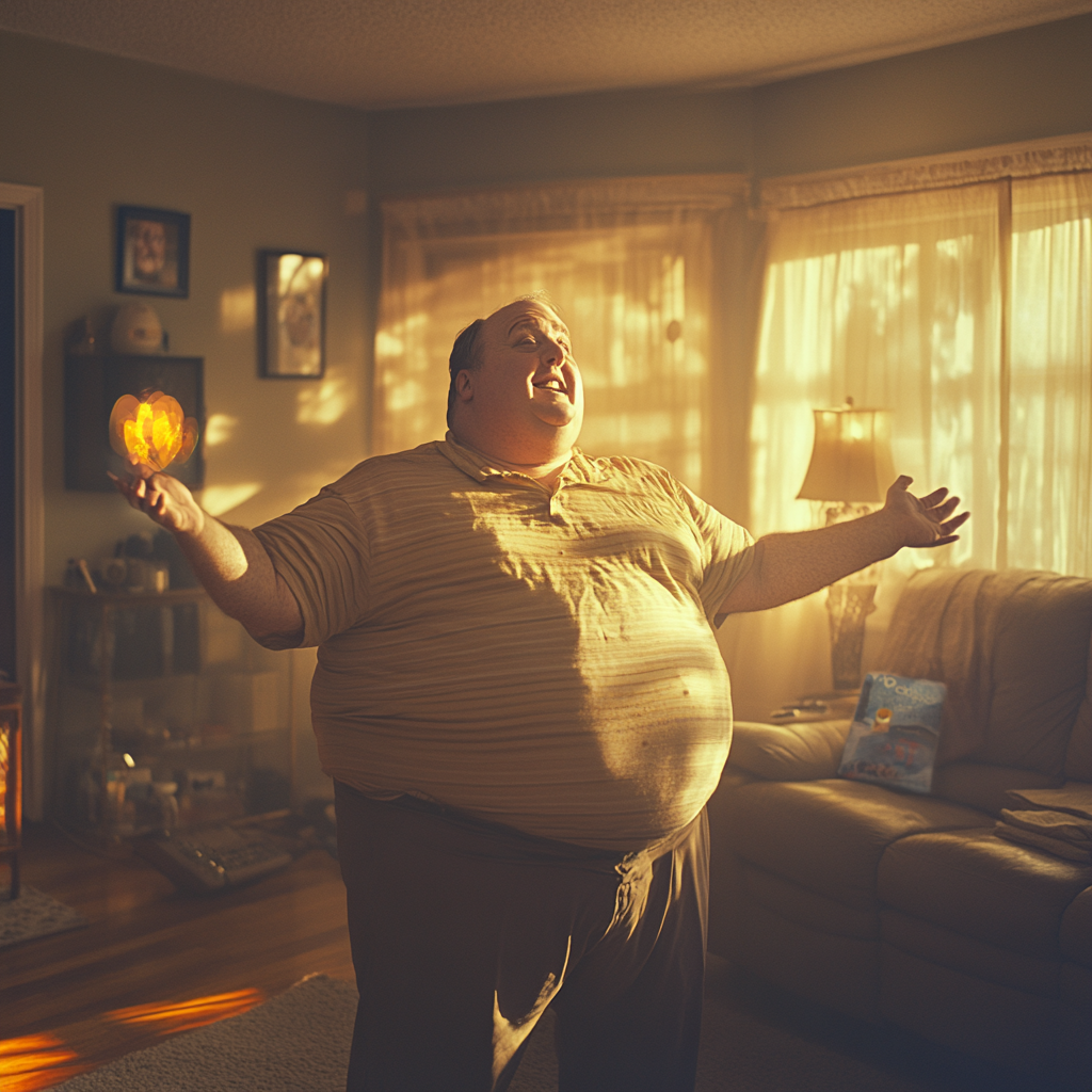 Excited obese man in living room with open arms