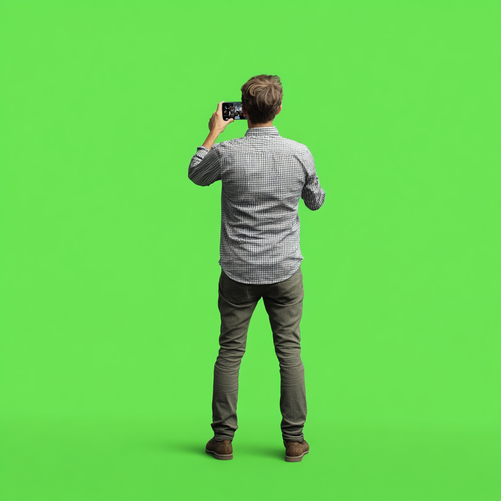 Excited pedestrian taking pictures on phone, green screen background