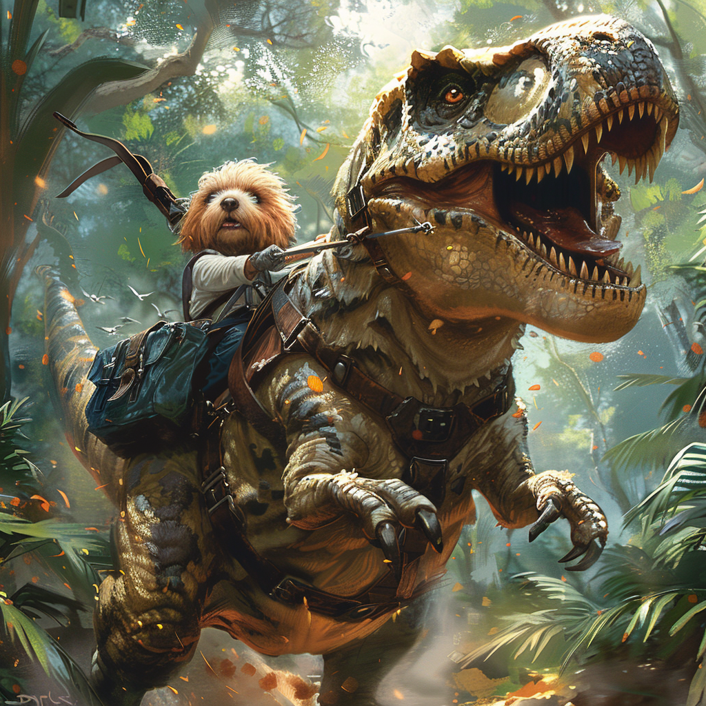 Excited shih tzu riding T. rex through jungle adventure.