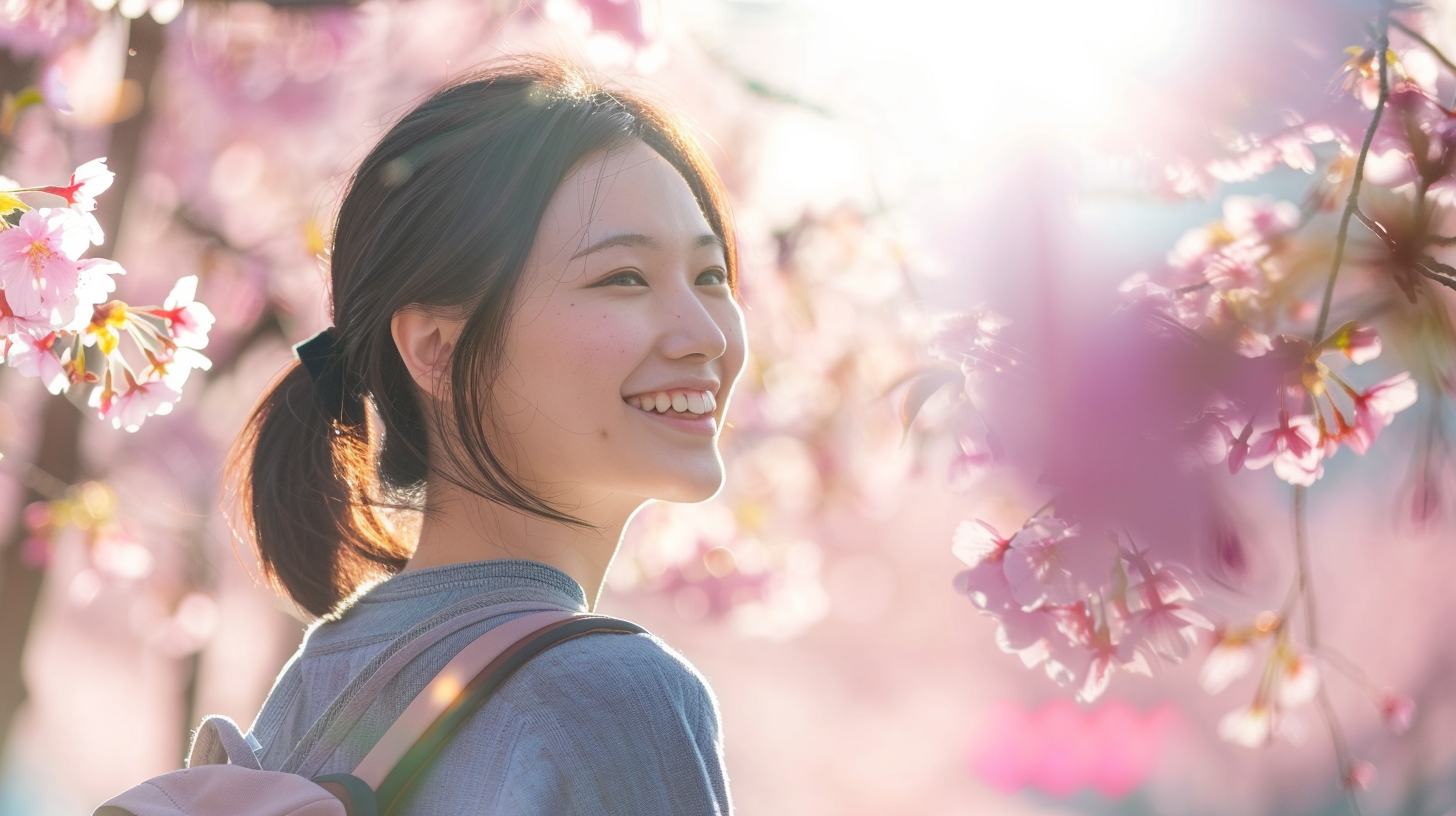 Excited university student near cherry blossoms, smiling brightly.