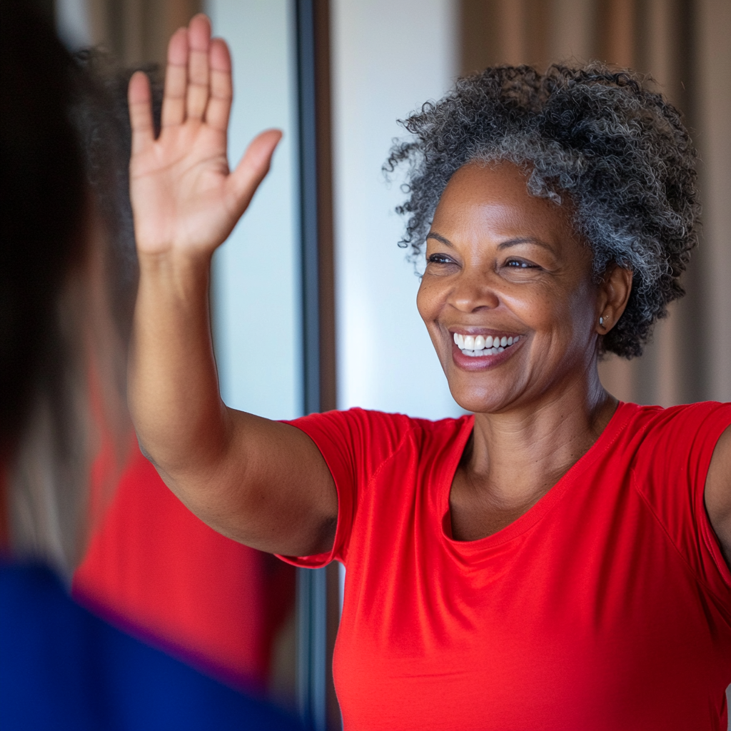 Excited woman celebrating with mirror high-five, joyful expression.