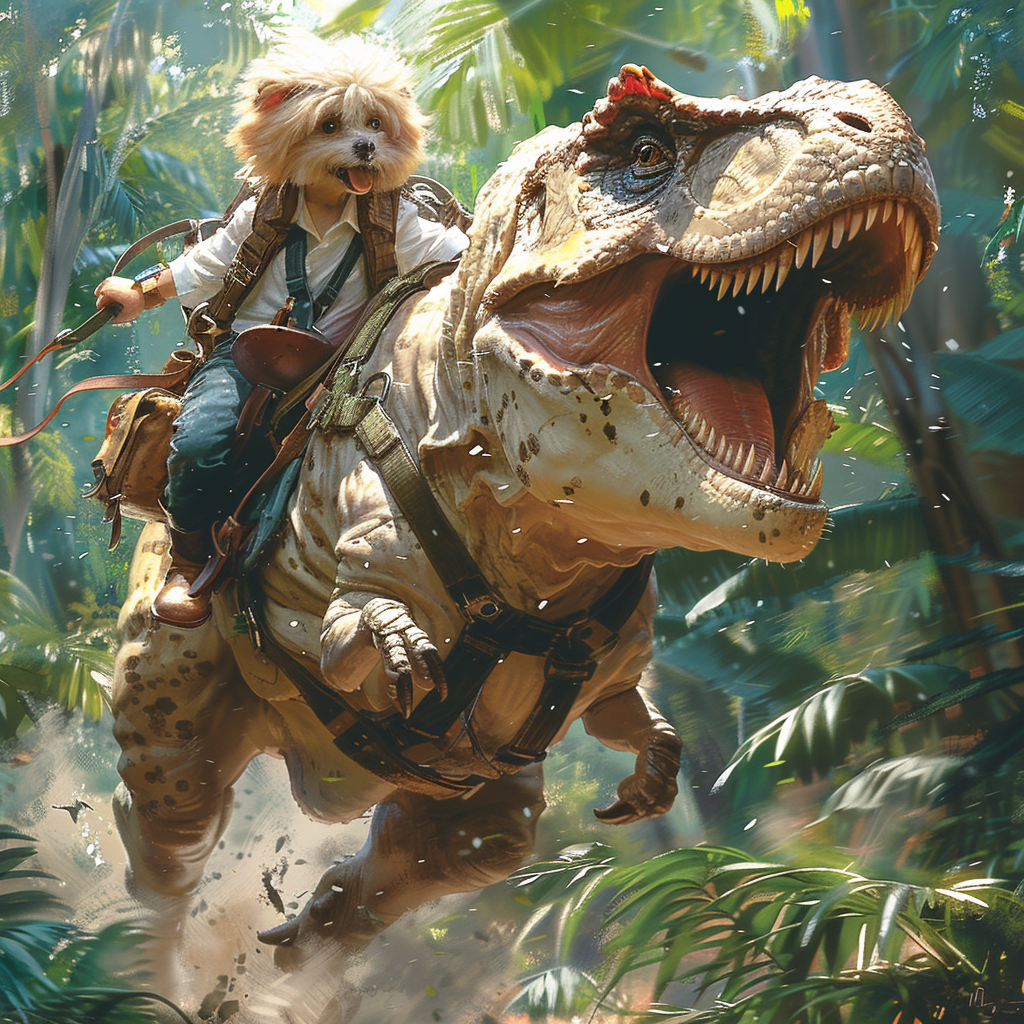 Exciting adventure: shih tzu rides T. rex in jungle.