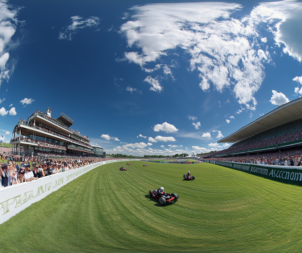 Exciting go-kart race at Ascot with crowds.