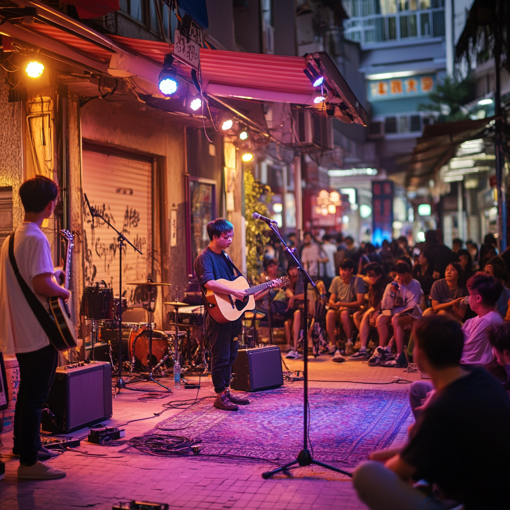 Exciting music show on street with colorful lights.