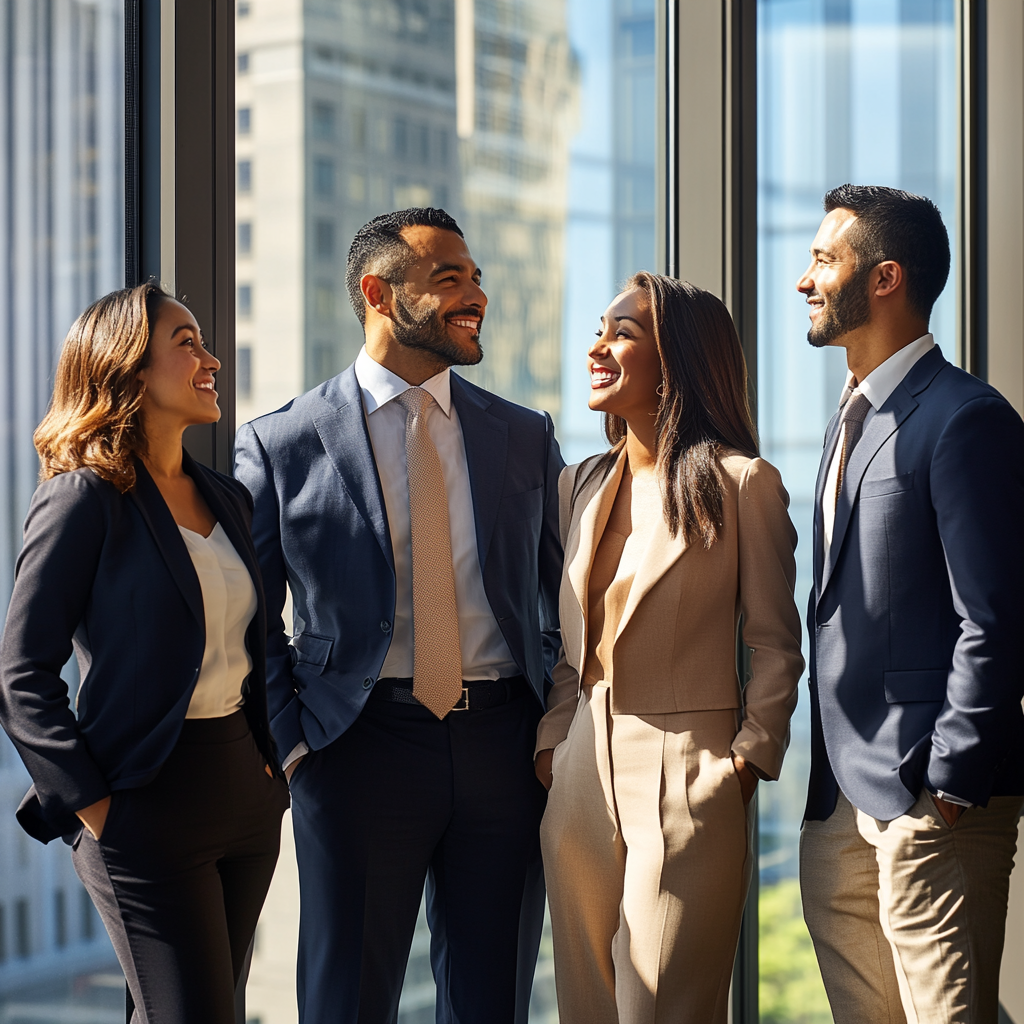 Executives from different backgrounds standing by window confidently