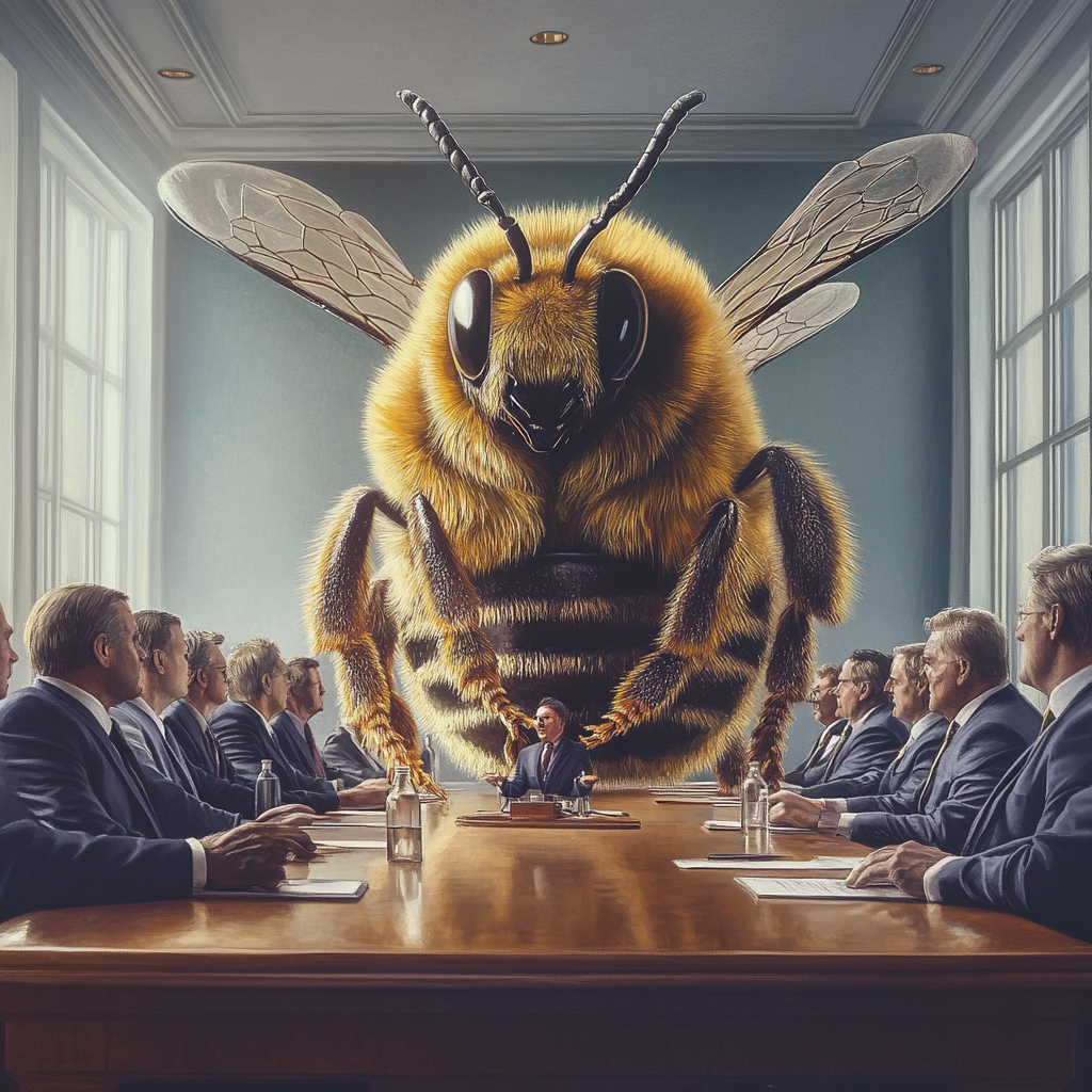 Executives listening to man in bee costume