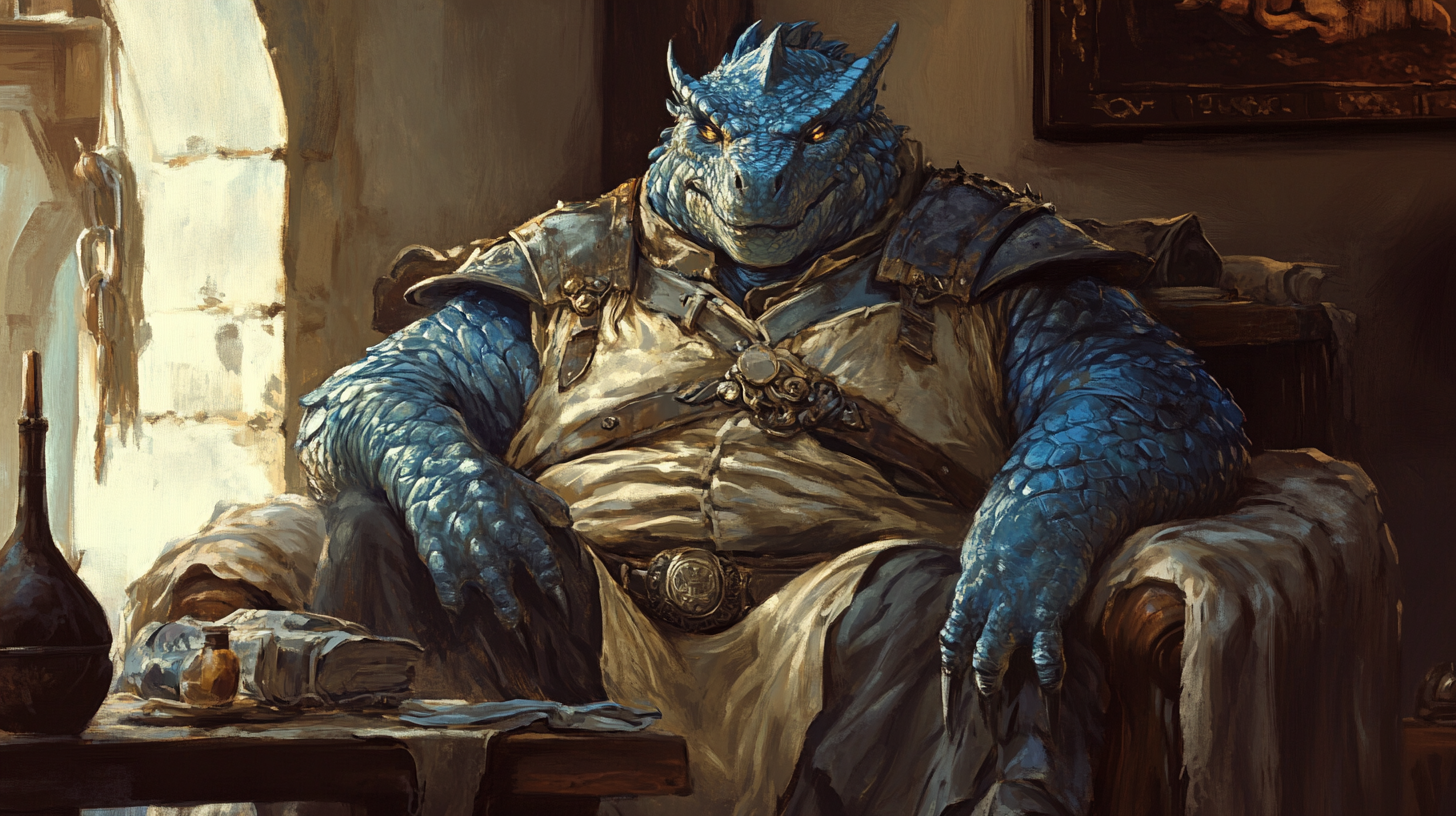 Exhausted Blue Dragonborn at a Medieval Inn