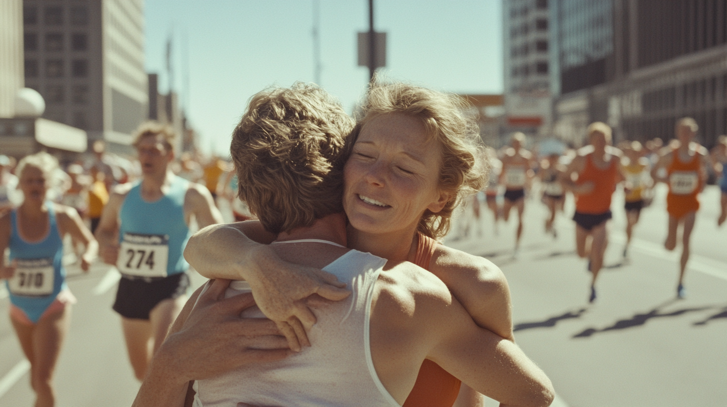 Exhausted Female Marathoner Embraced by Husband Post-race