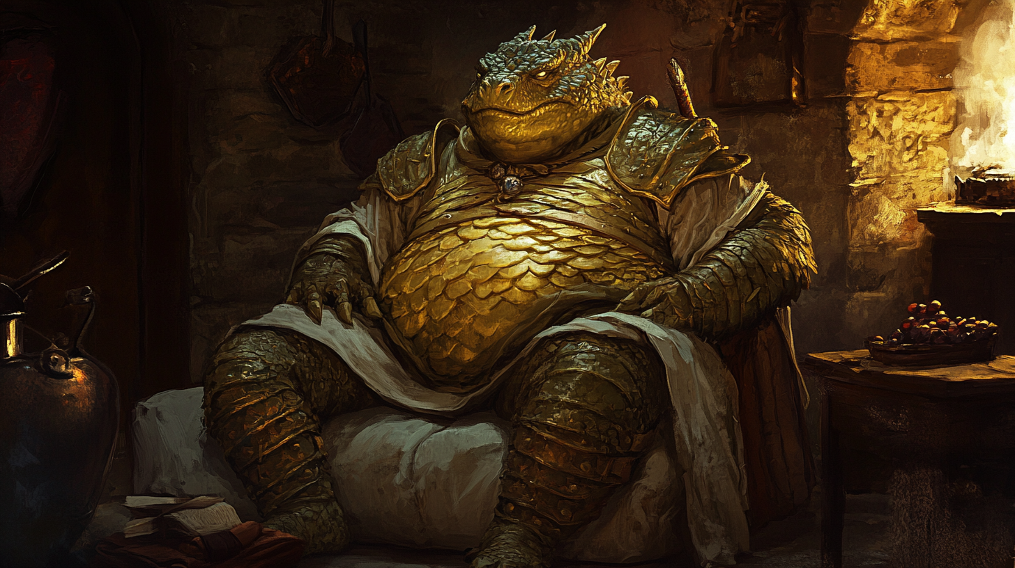 Exhausted Obese Dragonborn Rests in a Medieval Inn