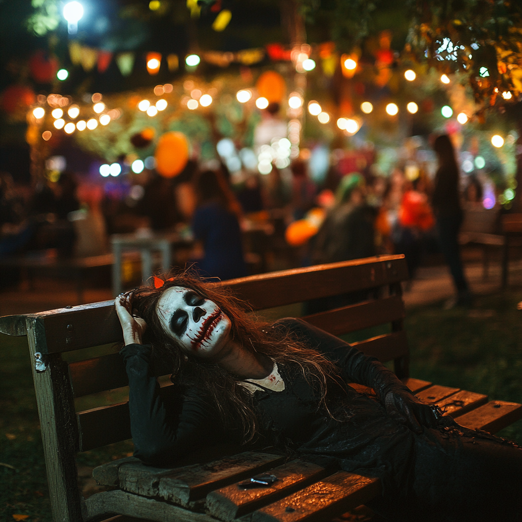 Exhausted Woman in Zombie Costume at Park Festival