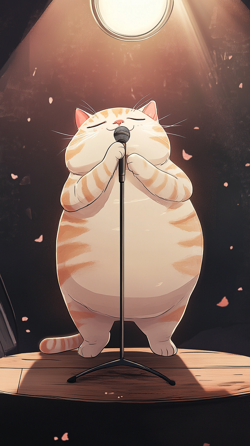 Exhausted chubby cat singing on small stage with microphone.