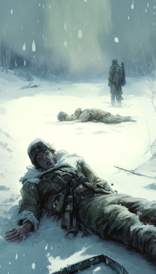 Exhausted soldiers in snow-covered battlefield with frozen weapons.