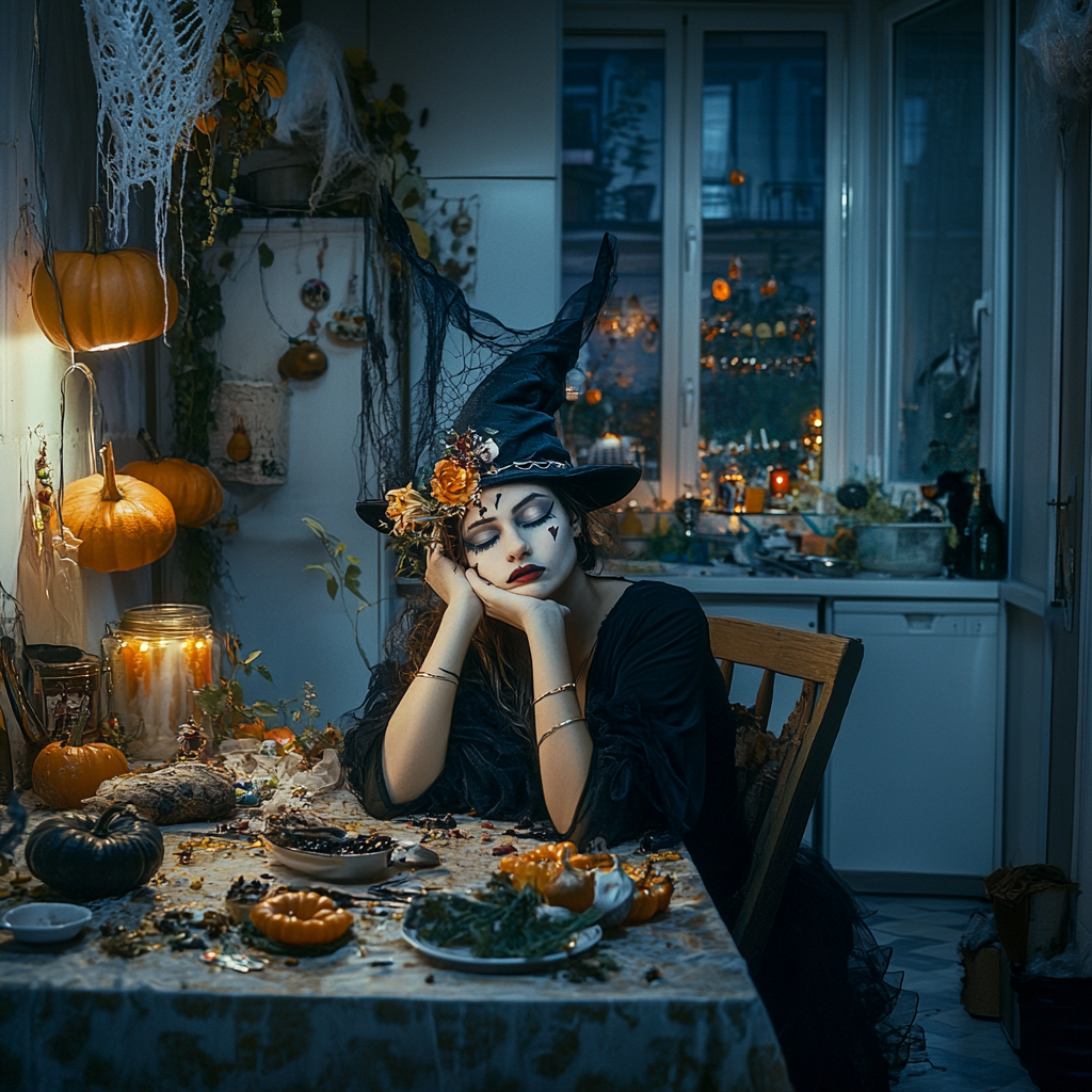 Exhausted woman in witch costume at Halloween party