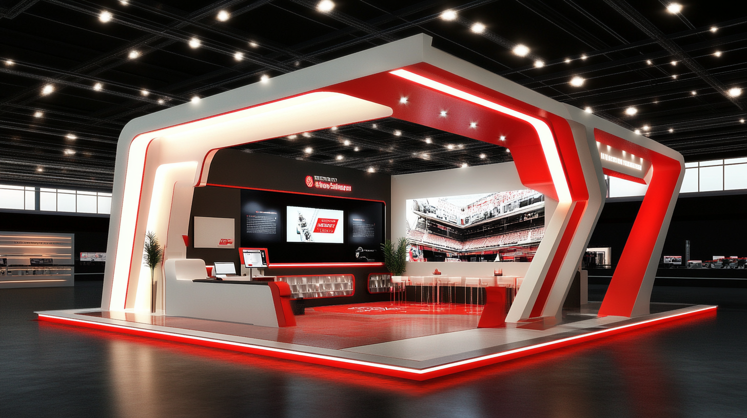 Exhibition booth design in red and white, modern, luxurious.