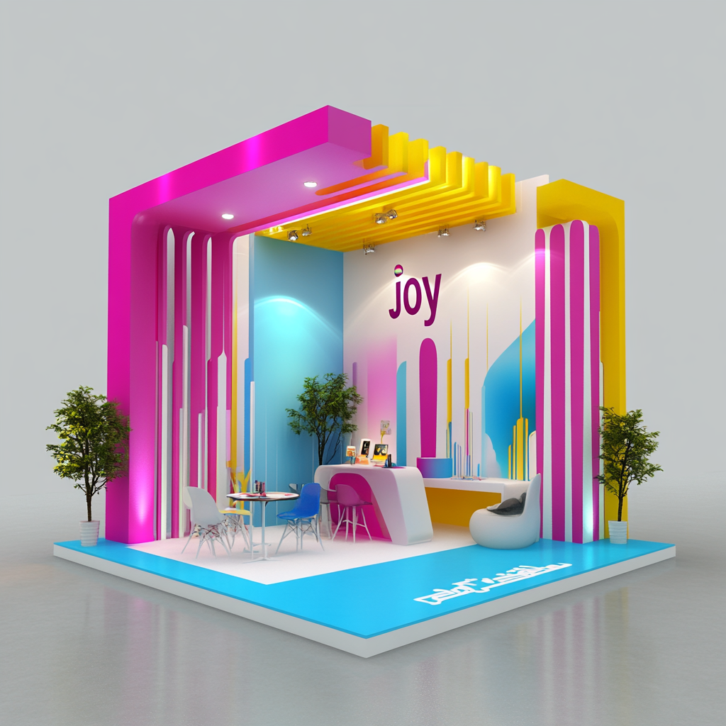 Exhibition booth with vibrant colors and Saudi people.